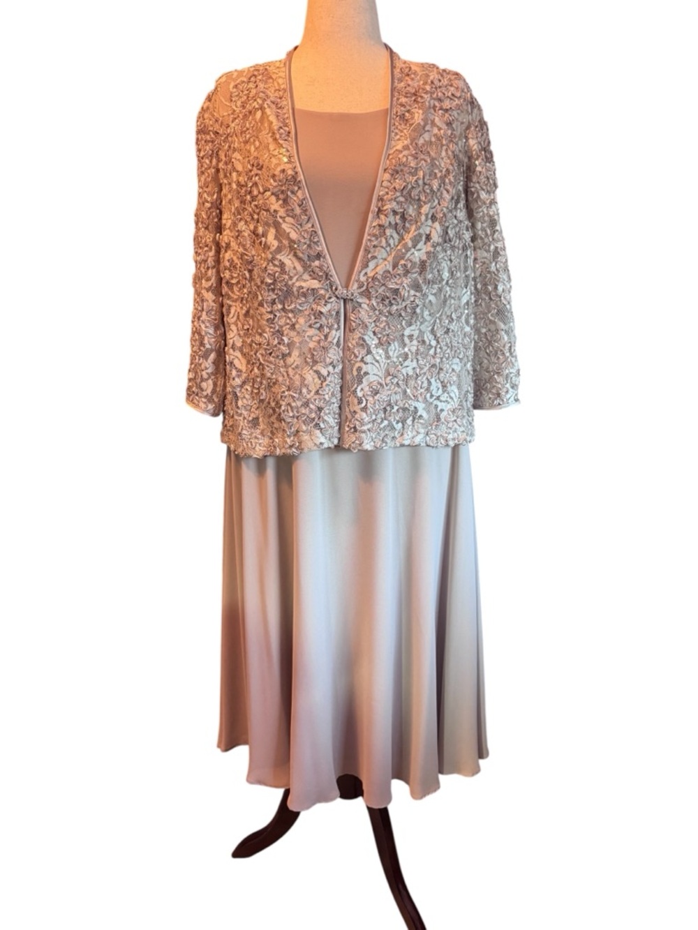 Jessica Howard Greige/Taupe Dress w/ Lace Jacket, Sz 14W, Wedding Guest, EUC